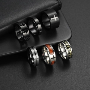 Titanium Steel Cross Ring Set For Men Women Matte Brushed Wood Inlay Punk Band Wedding Daily Fashion Jewelry Gift Set