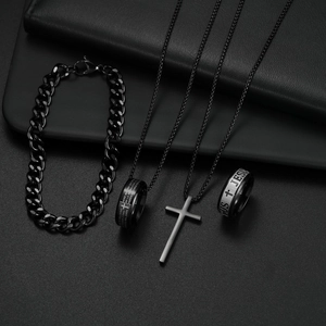 Black stainless steel religious jewelry set with Jesus cross ring and prayer necklace