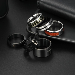 Men's 6pcs stainless steel cross ring set in black, silver and gold tones