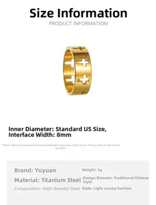 Detail view of 8mm golden hollow cross ring made of polished high-density titanium steel