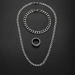 Parure de bijoux 3 pièces en acier avec collier chaîne gourmette et bague tressée