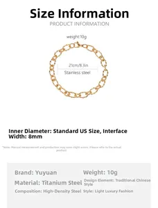 Detailed size chart for 8mm golden titanium steel twist chain bracelet with 21cm length