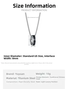 Detailed technical diagram of silver titanium steel necklace with 19mm black ring pendant