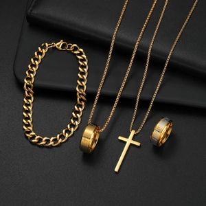 Gold-plated men's jewelry set with cross necklace, Cuban bracelet and Jesus engraved ring