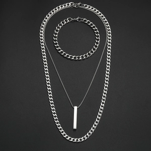 Ensemble de colliers à chaîne cubaine argentée avec pendentif géométrique et bracelet en acier