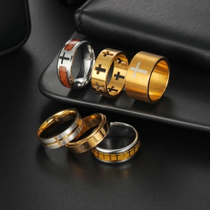 Cross stainless steel rings set for men in gold silver and black with wood inlay