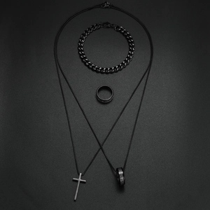 All-black Gothic cross necklace set with Cuban bracelet and minimalist ring