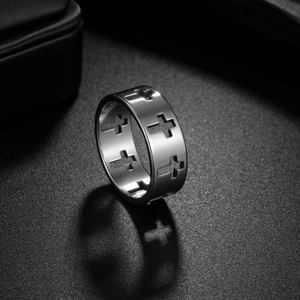 Exotic hollow cross pattern stainless steel ring with metallic silver finish for Easter