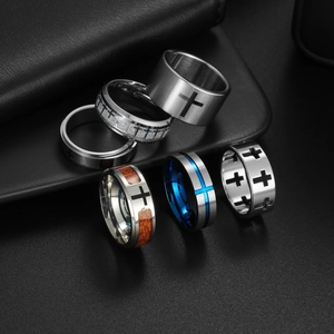 Men's titanium steel cross ring set with wood inlay and blue plating on leather