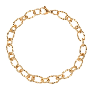 Polished and twisted gold link chain bracelet with lobster clasp on white background