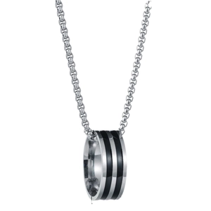 Minimalist silver box chain necklace with black striped ring pendant for couples