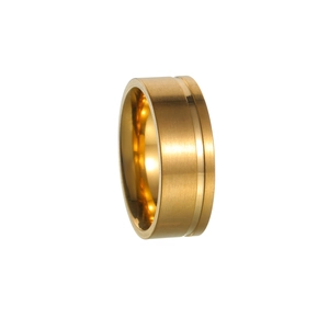 Detail of gold brushed titanium steel ring with a polished horizontal groove line