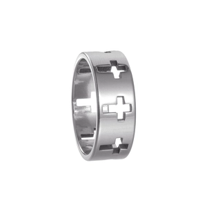 Macro detail of the stainless steel ring showing hollow cross pattern and polished finish