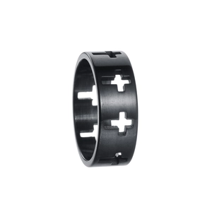 Detail of matte black hollowed-out cross design on titanium steel punk ring