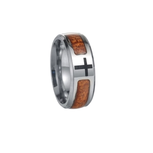 Minimalist titanium steel ring with wood inlay and black cross symbol for men and women