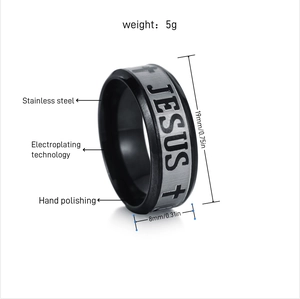 Close-up of stainless steel ring showing Jesus engraving and 8mm width dimensions