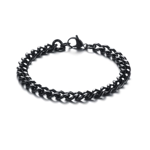 Close-up of a polished black Cuban link chain bracelet featuring a secure lobster clasp