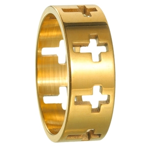 Exotic golden stainless steel wide ring with hollow cross patterns in 45-degree view