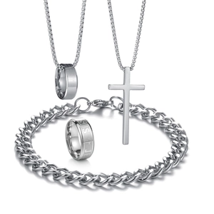 Detailed set including silver cross pendant, Jesus engraved ring and curb chain bracelet
