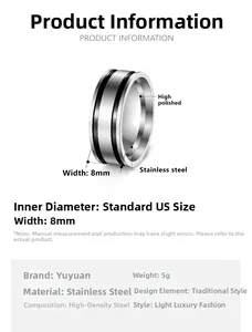 Detailed specification of 8mm silver titanium steel ring with dual black stripes and high polish