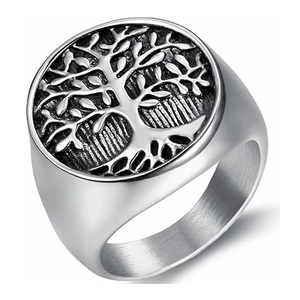 Anillo de sello Árbol de la Vida vintage en acero inoxidable con relieve grabado