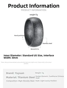 Detail view of 8mm vintage titanium steel ring with textured finish and US size guide