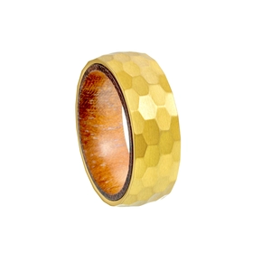 Close-up of 8mm hammered gold titanium ring featuring a natural pear wood inner inlay