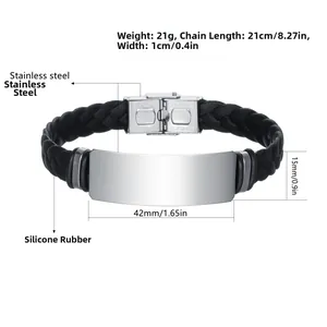 Detailansicht eines 21 cm Silikonarmbands mit 42x15 mm Edelstahlplatte für Gravuren