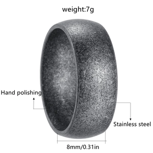 Macro detail of 8mm vintage stainless steel ring showing hand polished matte texture