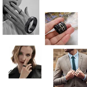 Men's black stainless steel ring set featuring rotating chain and matte finish designs