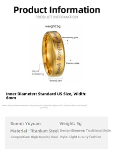 Detail showing 6mm gold plated titanium steel ring with motivational engraving