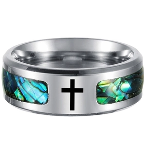 Men's titanium steel ring featuring a black cross and iridescent abalone shell inlays