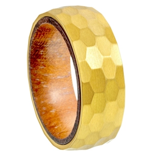 Men's 8mm gold titanium ring featuring hammered texture surface and natural wood inlay
