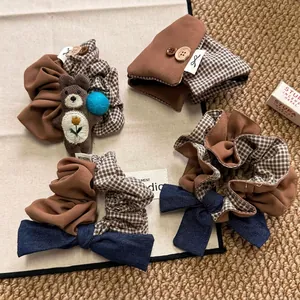 Korean Style Maillard Brown Plaid Fabric Hair Accessories Handmade Plaid Bear Bow Hair Tie Triangle Shark Claw Clip For Women