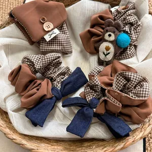 Brown plaid hair scrunchie set with cute bear charm and vintage fabric textures