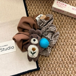 Brown plaid patchwork scrunchie with cute bear doll and blue felt ball ornament