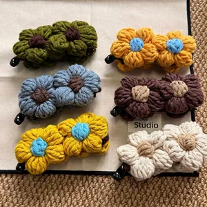 Handmade Knit Woolen Yarn Flower Banana Clip Women Autumn Winter Forest Style Floral Hair Clip High Ponytail Vertical Clip