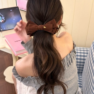 Brown suede bow banana clip with gold logo for elegant women ponytail styling