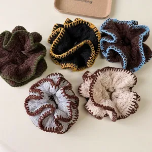 French Vintage Knit Woolen Scrunchies Soft Double Layer Hair Tie Contrast Stitching Elastic Hair Band For Women Autumn Winter Accessory