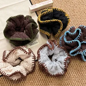 Five-piece set of French vintage knitted hair scrunchies with contrast stitch edging