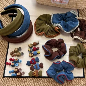 Retro autumn winter hair accessories set including fabric headbands and scrunchies