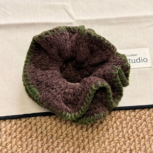 French vintage dark brown knitted hair scrunchie with contrast green crochet edges