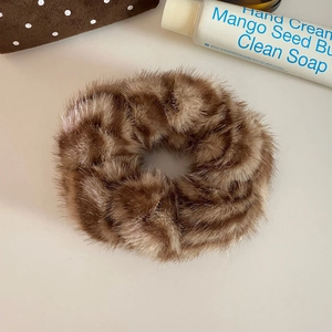 Vintage brown leopard faux fur scrunchie with soft plush texture for autumn winter