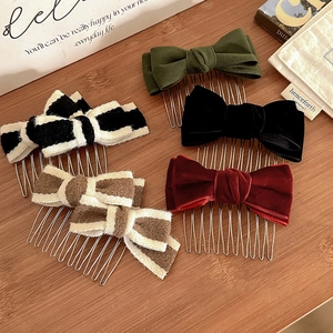 Vintage Velvet Bow Hair Comb For Women Retro Bowknot Metal Hair Insert Comb Elegant Side Hair Clip Autumn Winter Hair Accessories