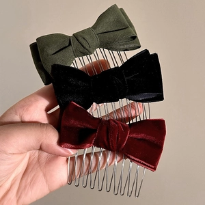 Three vintage plush velvet bow hair combs in dark green, black and burgundy colors
