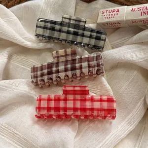 Korean Style Rectangular Plaid Acetate Hair Claw Clip Large Checkered Hair Crab Clip For Women Thick Hair Styling Accessories