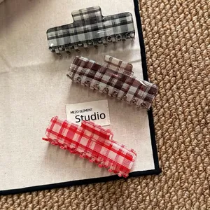Chic checkered acetate hair claw clips for thick hair in black brown and red patterns