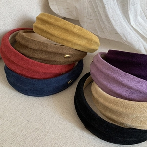 Vintage Faux Suede Wide Brim Headband Thickened High Top Padded Sponge Hair Band Handmade Metal Tag Accessories Women