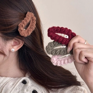 Handmade crochet candy color plush hair clips set in brown burgundy and green