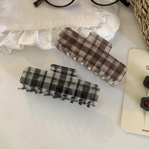 Classic plaid geometric square hair claw clips in brown and black 2-piece set for women